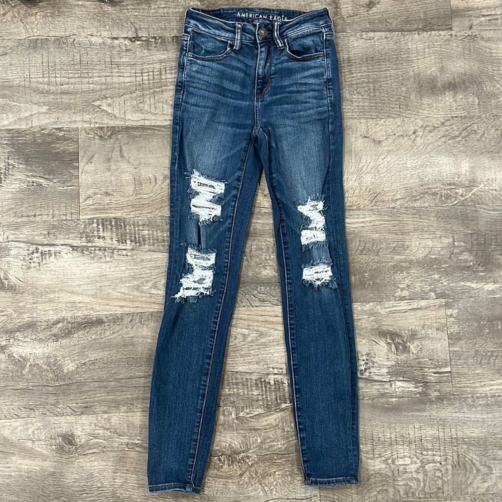 American Eagle Distressed Medium Wash Hi Rise Jegging Size 4 Long